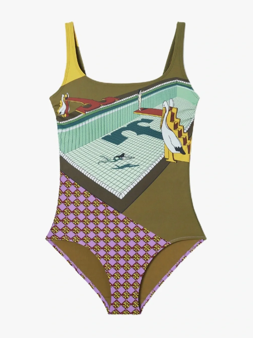 NWOT Tory Burch Pelican Reef + Logo Printed Tank Swimsuit Geometric Multicolor